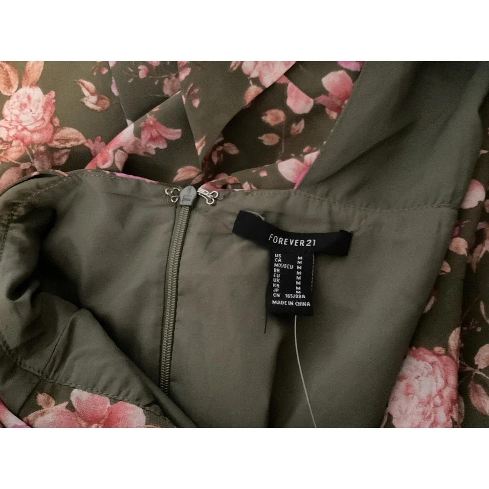 F21‎ Womens Olive Green Floral Open Back Tie Maxi Dress SZ  M Puff Sleeve NWT